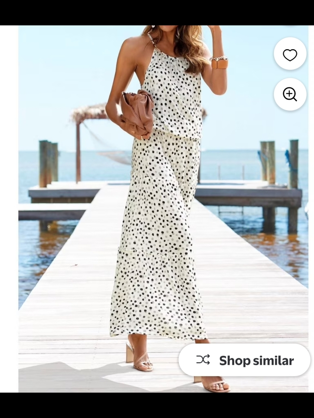 Polka Dot Halter Maxi Dress - White/Black Sz 8 Tired Layers Elasic Waist